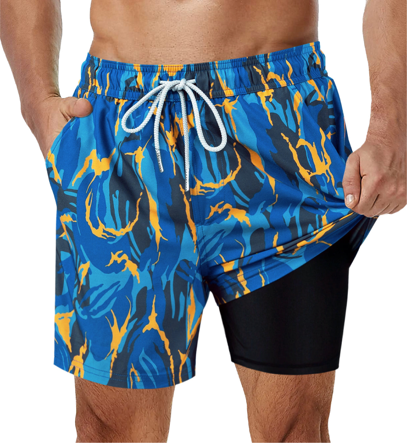 Hardfell | Navy blue swim shorts with vibrant